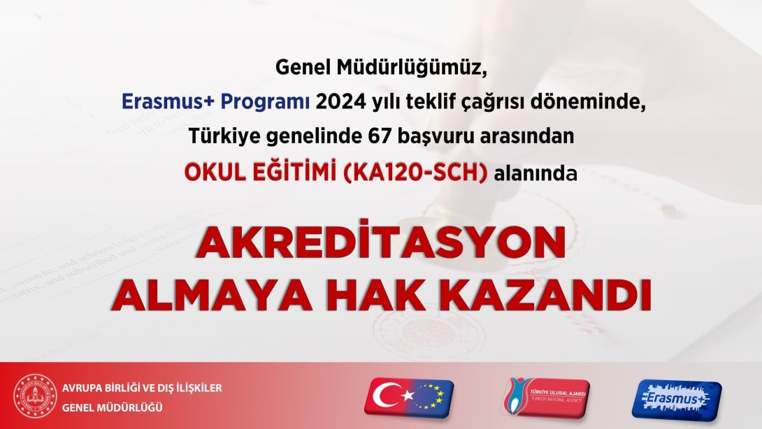 GENEL MÜDÜRLÜĞÜMÜZ, ERASMUS+ PROGRAMI OKUL EĞİTİMİ (KA120-SCH) ALANINDA AKREDİTASYON ALMAYA HAK KAZANDI